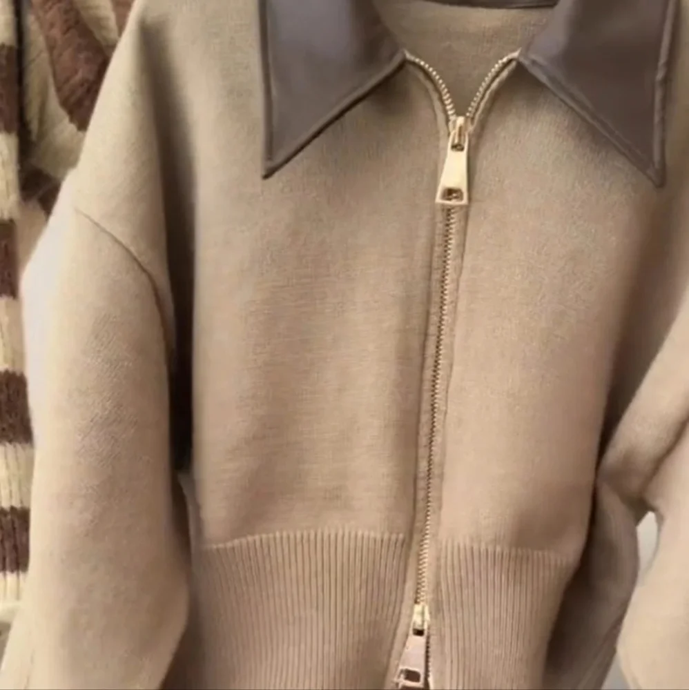 Collar Knit Sweater Fashion Double Zipper Cardigan - Picture 3 of 8